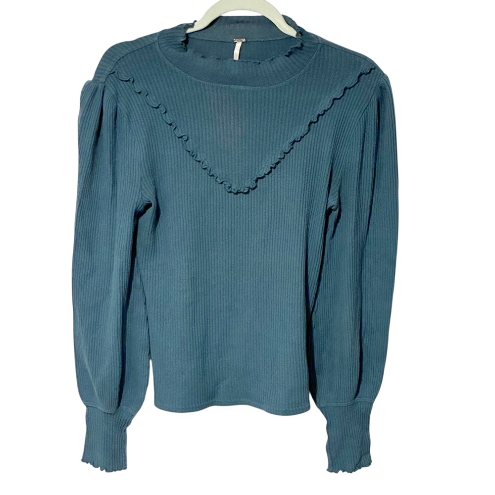 Free People Love Struck Ribbed Top Lettuce‎ Trim Ruffle Victorian Teal Medium